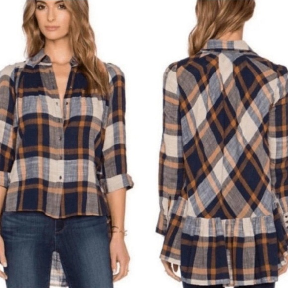 Free People | Preppy in Plaid Ruffled Button Down cute sexy top size M - Picture 3 of 14